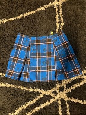 Blue Plaid Pleated Mini Skirt with Skull Accent